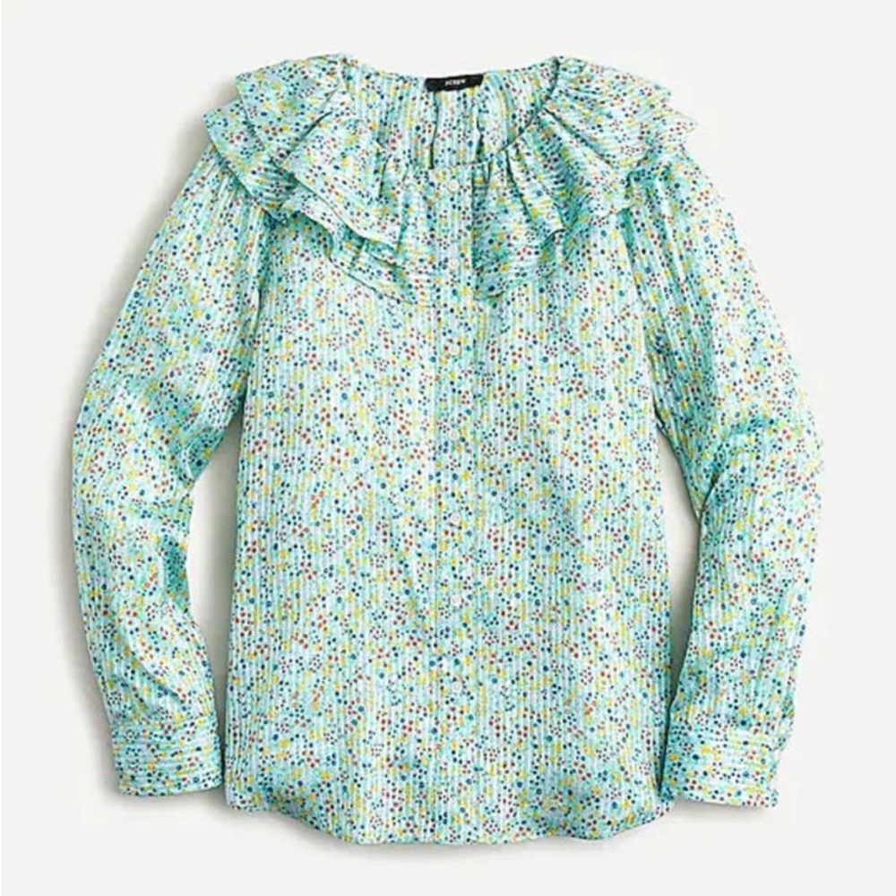 J. Crew Ruffle Field Day Floral Metallic Stripe Long Sleeve Blouse Small